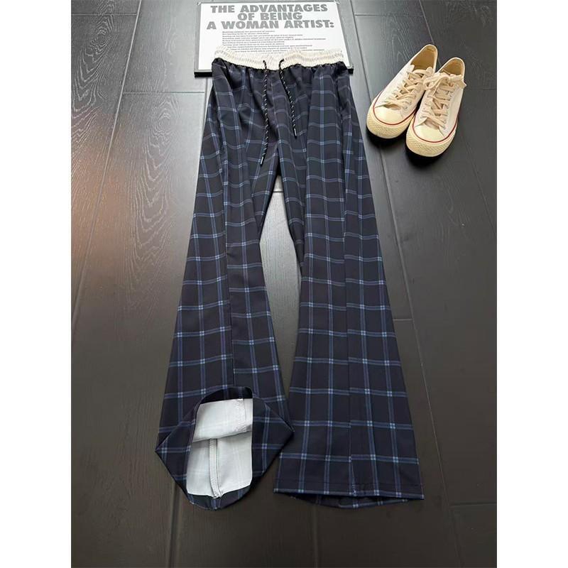Cleanfit Navy Blue Ice Silk Plaid Pants for Men, Summer Thin Style, Sporty American Style, Versatile, Comfortable, Casual Straight-Leg Pants