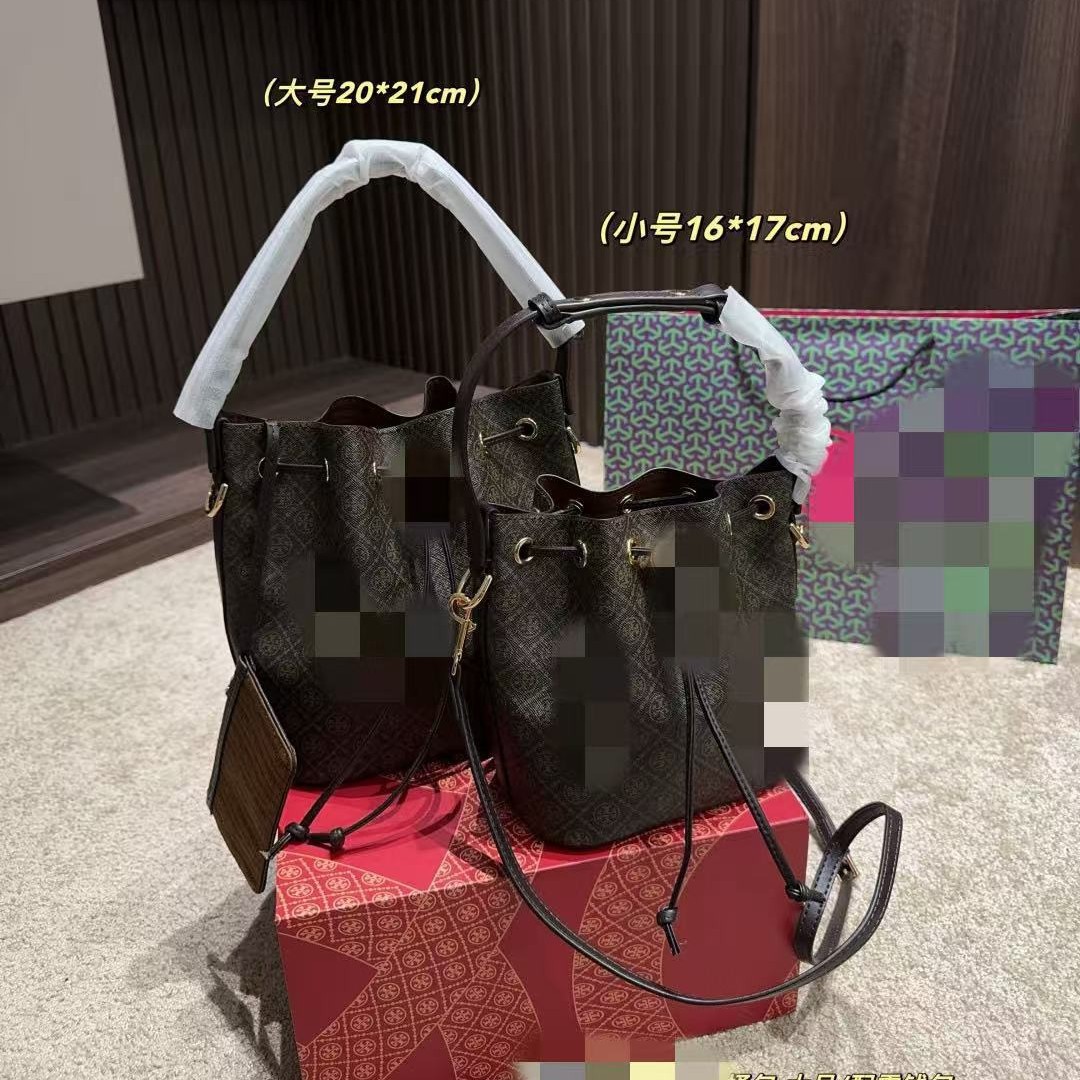 New Tb Women's Bag, Fashionable and Trendy, Embossed Leather Drawstring Bucket Bag, Genuine Leather Embossed High-End Tote, Export Bag
