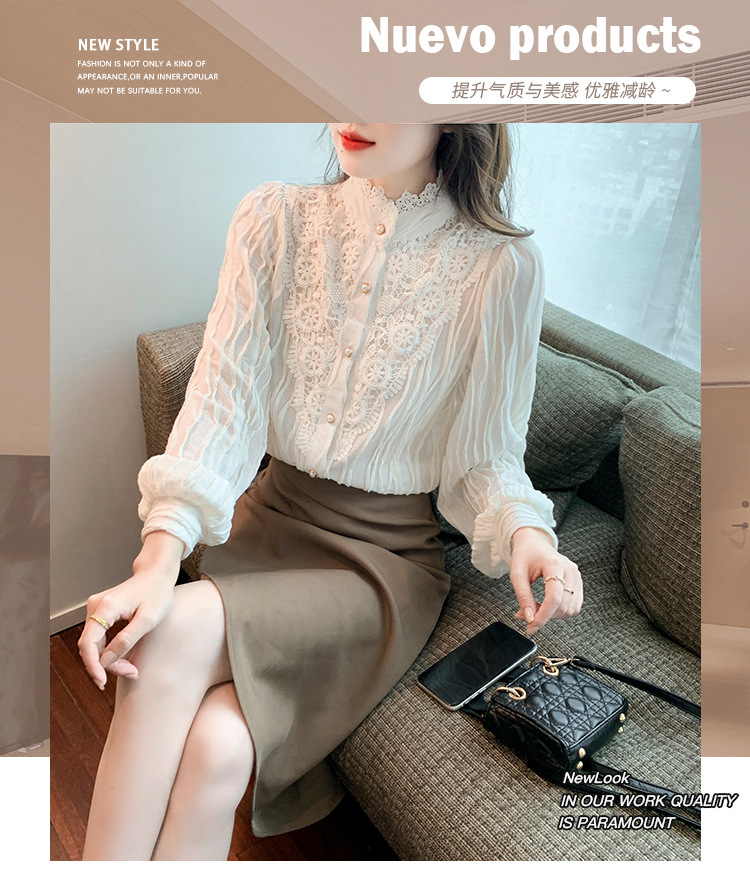 2022 Autumn/Winter new style fleece high-neck lace shirt chiffon shirt top, elegant base layer, fairy pic 1