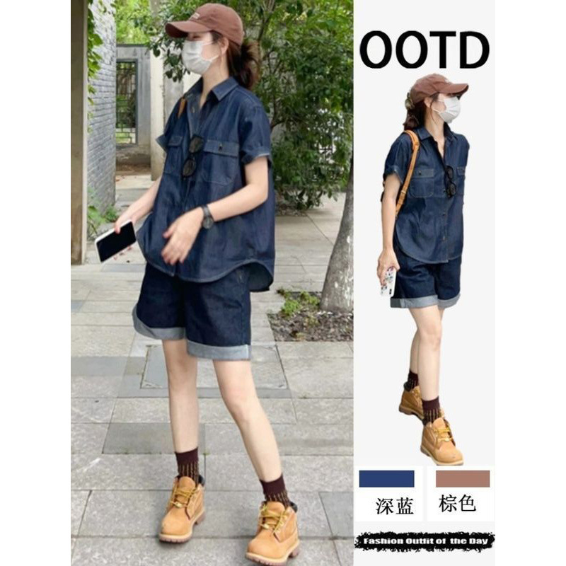 Short-sleeved Denim Shirt suit Women's 2025 New Summer Hong Kong Style Retro Loose Casual Shorts Internet Celebrity Two-piece Set