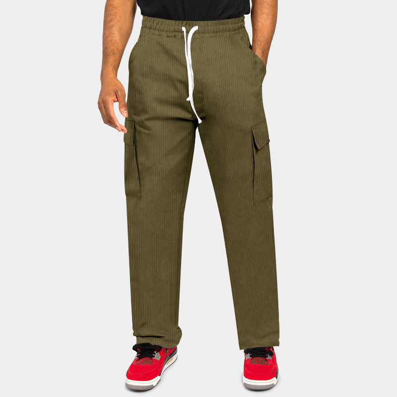 2023 men's summer new tooling corduroy trousers Europe and the United States cross-border loose multi-bag casual straight trousers men_voghion.com