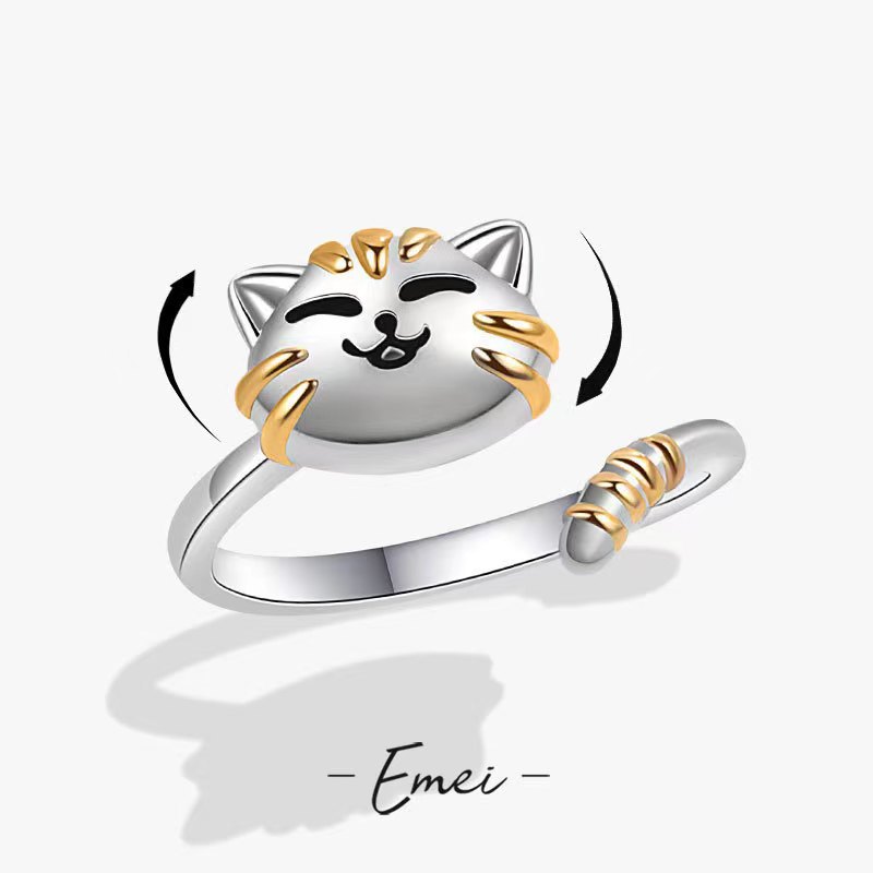 Cat Pattern Women's Gender Plating Design Cartoon Style Cat Alloy Metal Copper Plating Women's Open Rings Anxiety Ring