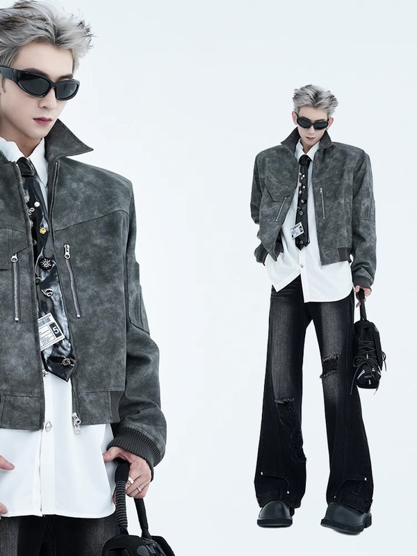 Pink Retro Biker Suede Men's Spring and Autumn New Boys Short Color Dressed Fashionable Handsome Jacket Coat