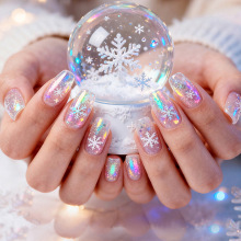 圣诞穿戴甲秋冬雪花图案闪粉炫彩方形甲片假指甲透明甲片批发