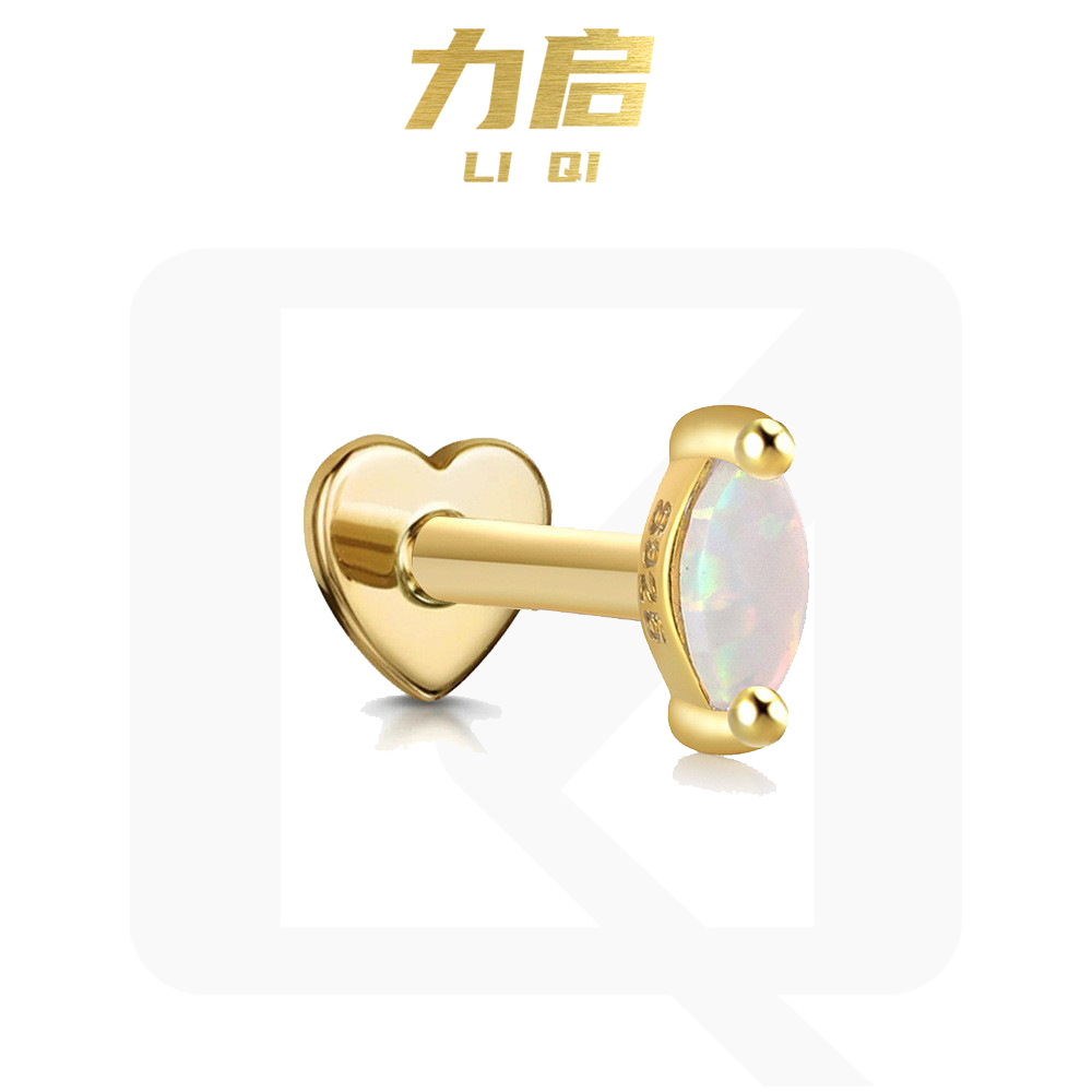 S925 plata esterlina ópalo diamante incrustado en forma de corazón hilo piercing oído hueso Stud Europea y Americana Venta caliente de alta calidad pendientes
