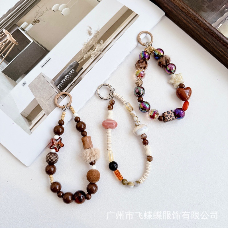 Ins Brown Maillard Short Leopard Print Beaded Mobile Phone Ccd Lanyard Chain Camera Keychain Hanging Chain Pendant