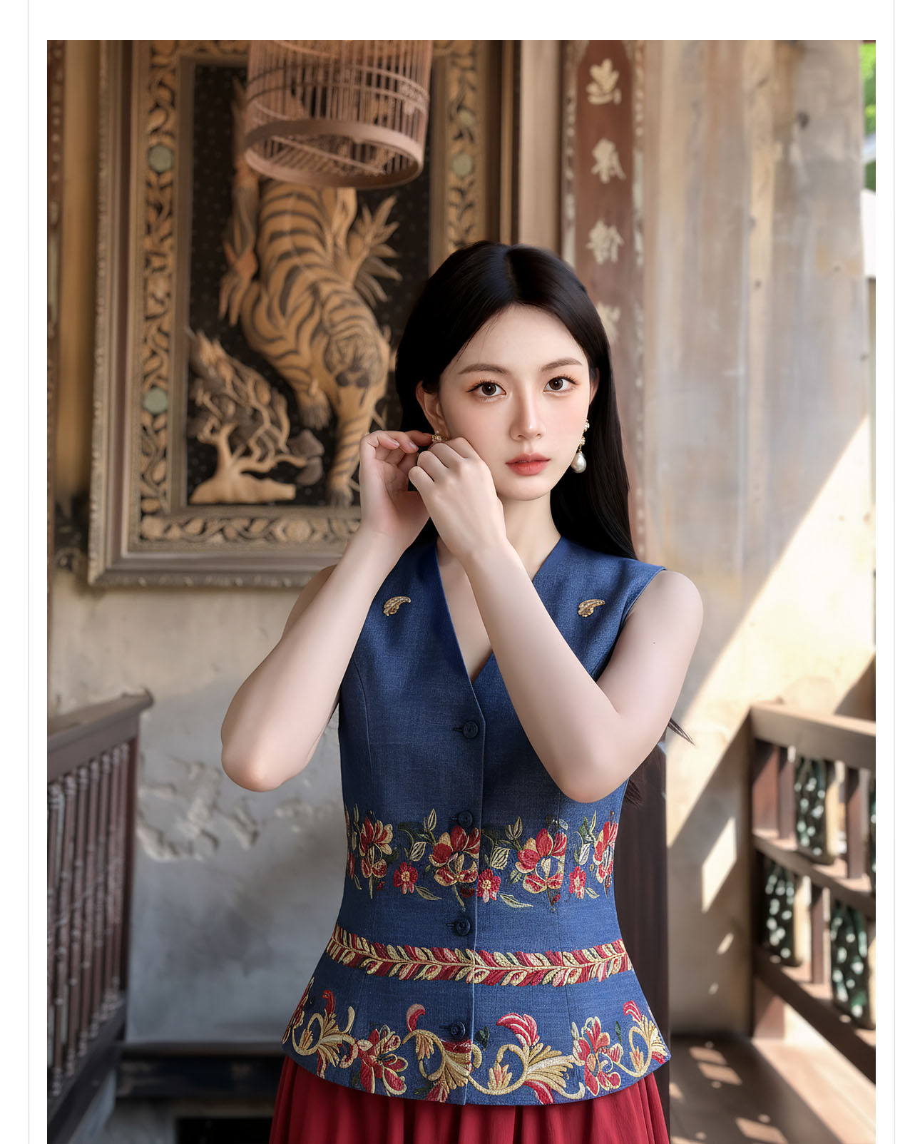 Bộ áo gile không tay và chân váy đỏ thêu hoa tân cổ điển — bộ đồ, nửa váy, Trang chủ chi tiết 4