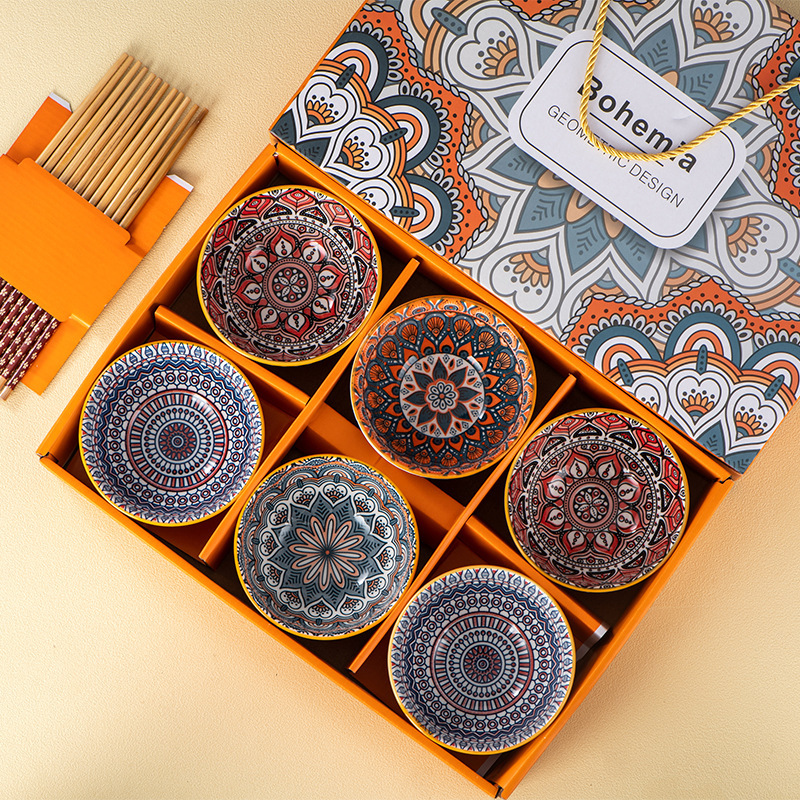 Bohemian style ceramic bowl gift suit Bowl plate chopsticks tableware advertising promotional gift suit can be customized LOGO