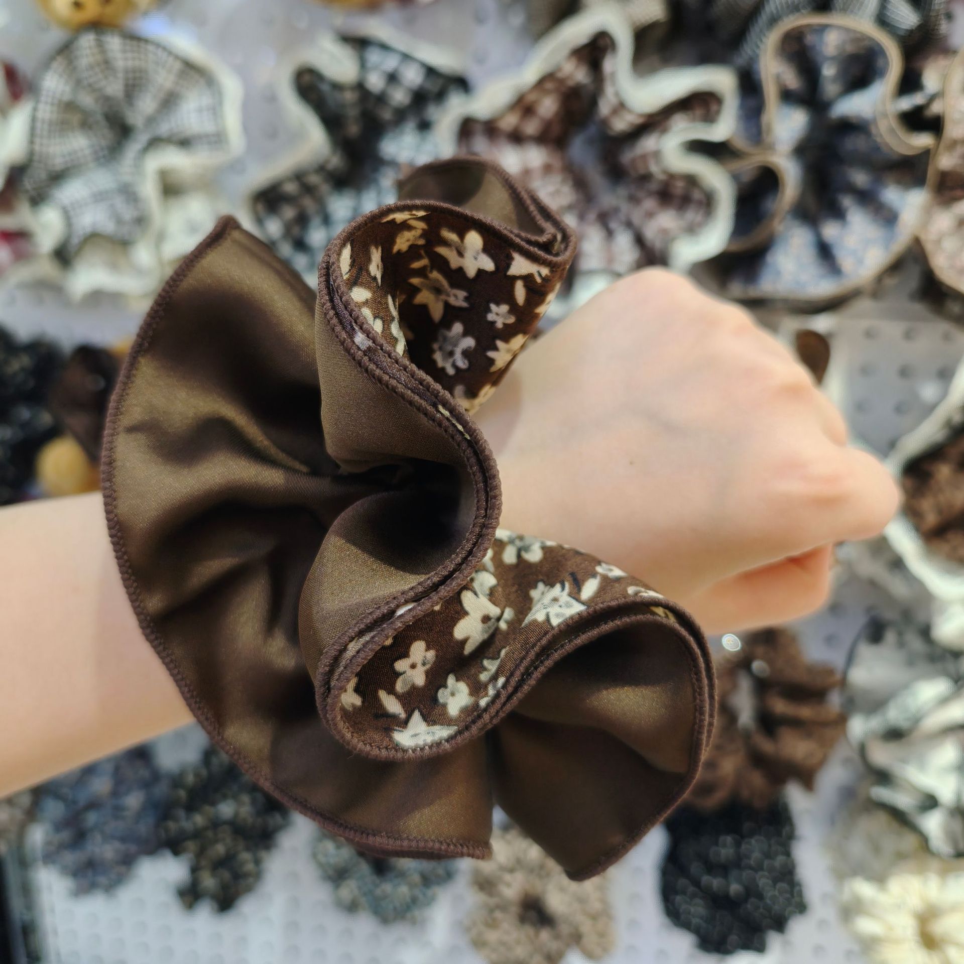 Multi-layered lace double-sided floral scrunchie, large fabric brown satin ponytail hair tie for women
