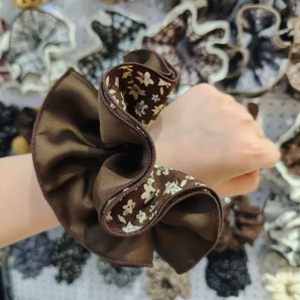 Multi-layered lace double-sided floral scrunchie, large fabric brown satin ponytail hair tie for women