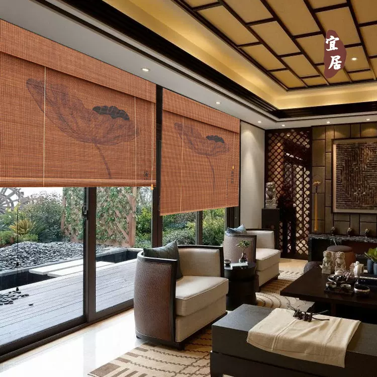 印花卷帘窗帘竹帘遮光禅意水墨帘中式隔断饭店农家乐书房茶社装饰