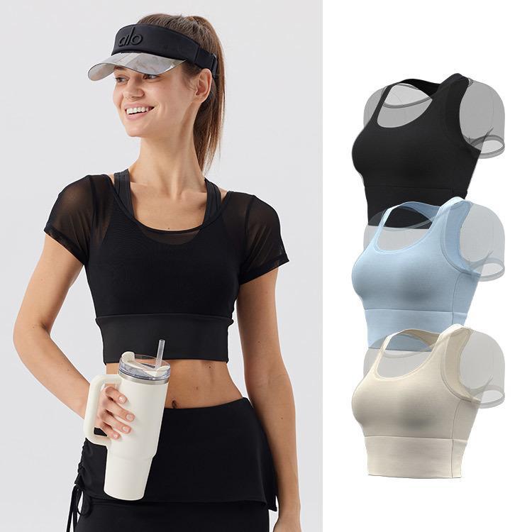 Ropa de yoga de temperamento de hilo de red, ropa de gimnasia deportiva nueva para mujer, entrenamiento de Pilates, manga corta falsa de dos piezas