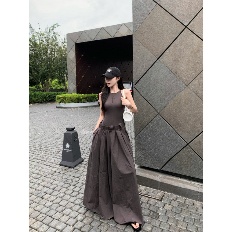 甘くてクールなホットガールの気質デザイン白いステッチ偽ツーピースドレスサスペンダーロングスカート女性用|undefined