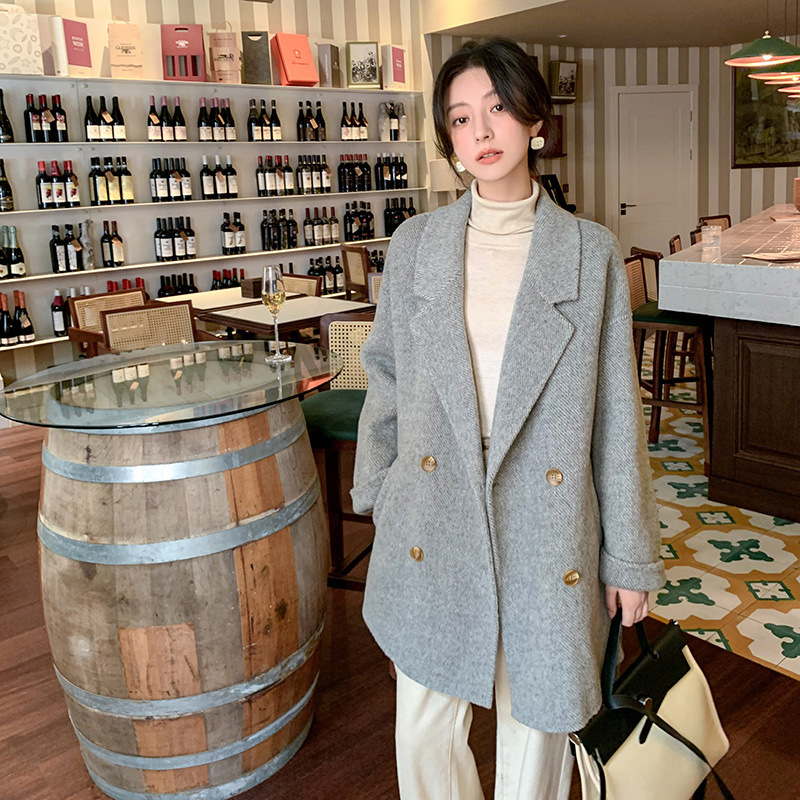 双面羊驼绒呢子24年秋冬新款西装领双排扣带扣系带纯色中长款大衣