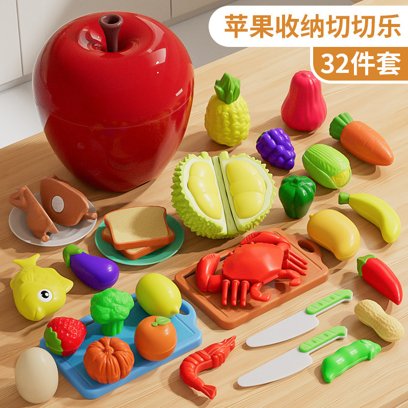 Frutas cortadas y cortadas, cáscaras pelables, juguetes de puzzle para niños, ejercicios cognitivos para bebés, almacenamiento en barril de manzana