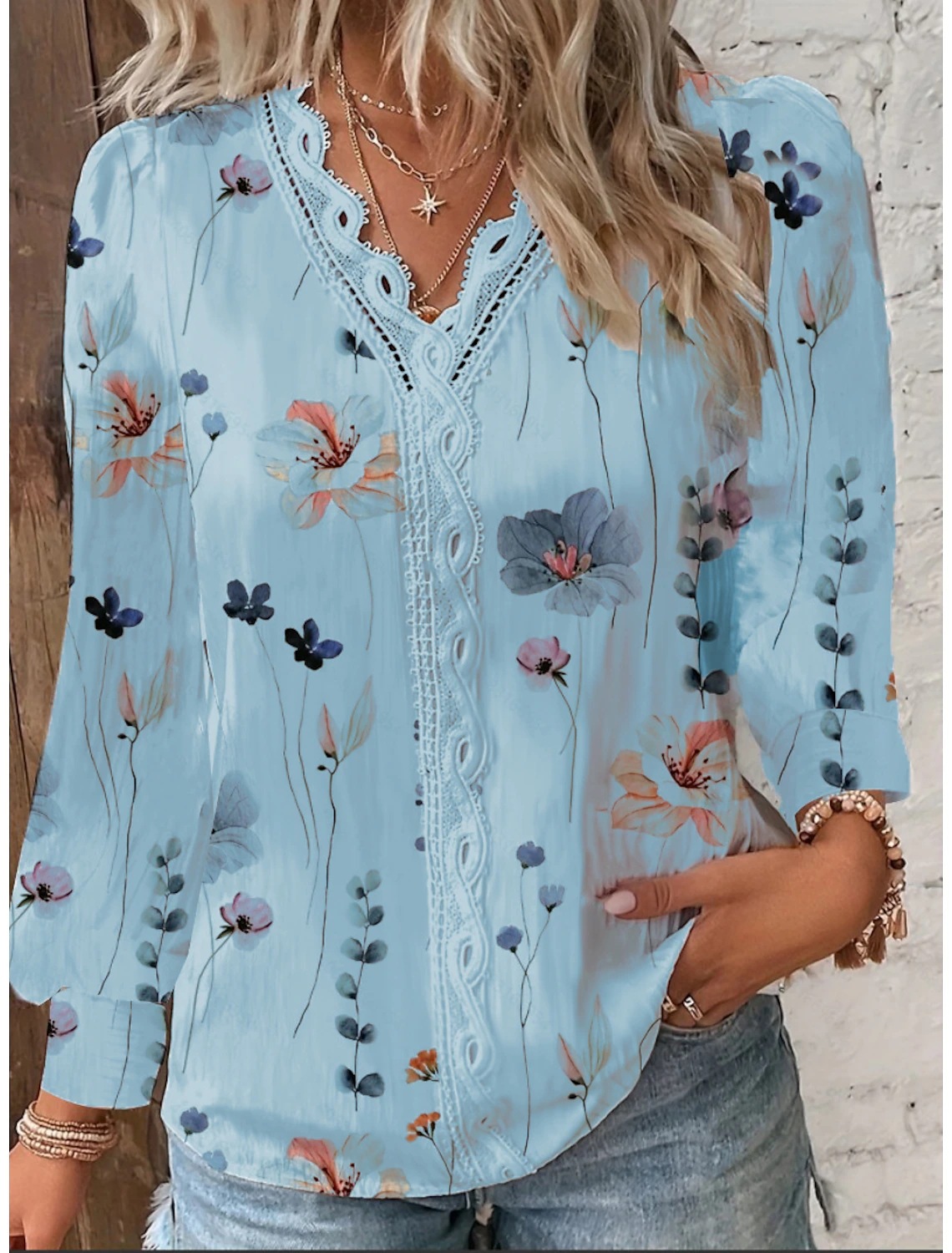2023 estación independiente deseo Amazon popular otoño nueva manga larga cuello en V encaje costura camisa para las mujeres