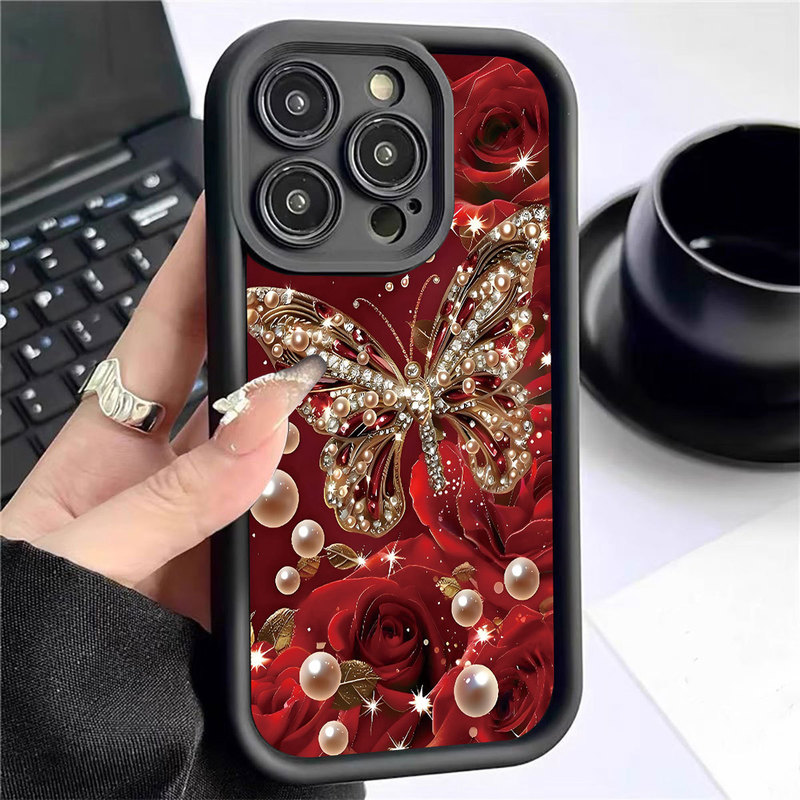 Gold Bead Butterfly Ladder Black New Groove Suitable for Iphone/15/16/17Promax Mobile Phone Case Protection