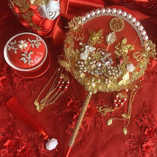 Chinese classical handmade ice blue happy fan bride showhe dress wedding fan engagement fan DIY material pack