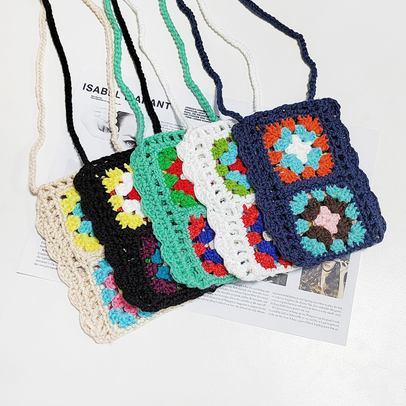 Pure hand-woven wool crochet Net popular ethnic style mobile phone bag mixed color random single-piece diagonal bag A191261 Pure hand-woven wool crochet Net popular ethnic style mobile phone bag mixed color random single-piece diagonal bag A191261