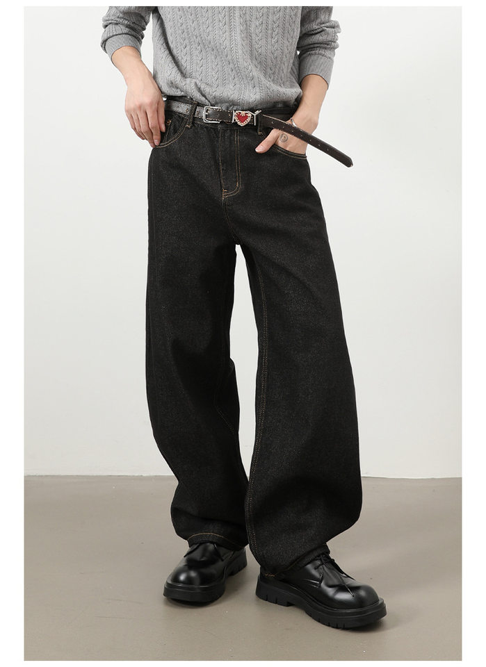 Quần jean nam ống rộng dáng suông cạp vừa phong cách đường phố — Denim đen, Làm cũ, Màu trắng, Màu xanh lam chi tiết 36