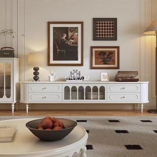 French Style Solid Wood TV Cabinet Living Room Household Cream Style TV Cabinet Locker Integrated American Style Retro White Cabinet