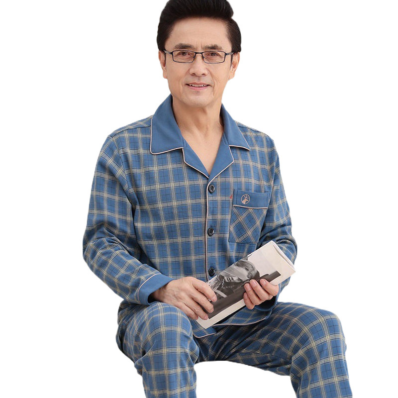 중년 남성 잠옷 면 긴팔 봄, 가을 중년 및 노인 아빠의 플러스 사이즈 가을, 겨울 가정복 세트
