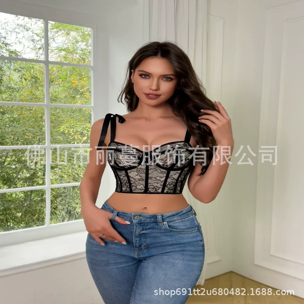 跨境欧美风外贸高级鱼骨蕾丝透视性感修身辣妹设计感小吊带背心女