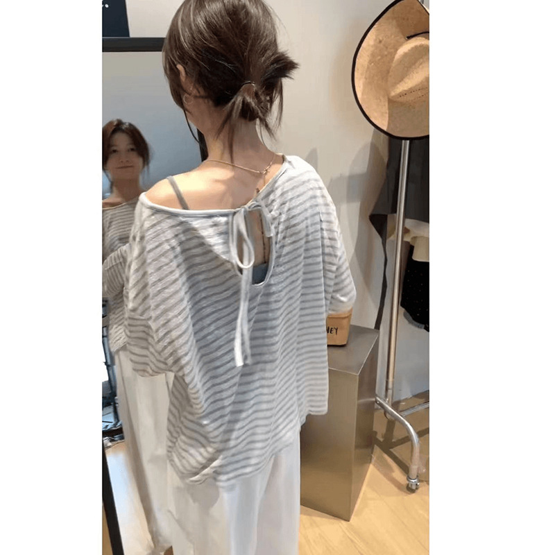 Pure Cotton Contrast Color Striped Sunscreen Long-sleeved T-shirt Women's Early Autumn Thin Outer Blouse Strap Micro-transparent Air-conditioning Shirt Top