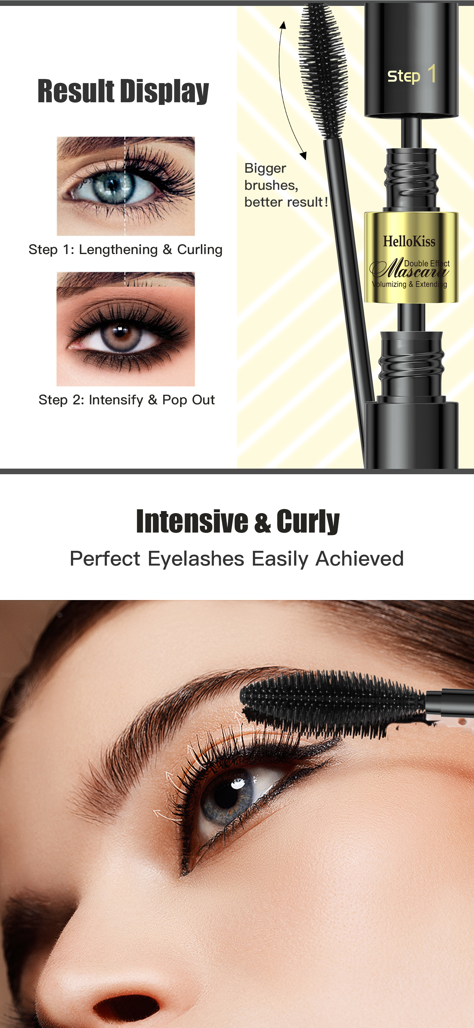 HelloKiss Dual-Effect 4D Mascara 2-in-1: Long, Curly, Thick, non-smudging, waterproof Mascara for Cross-border use undefined