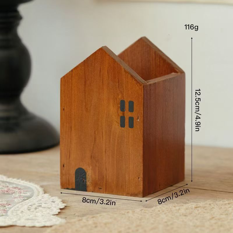 Casa de madera modelada lápiz de escritorio cepillo de maquillaje almacena lápiz cepillo papelería lápiz cepillo cartucho decoración ornamentos