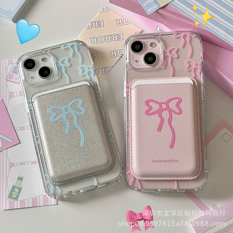 South Korea Ins Niche Suitable for iPhone15ProMax Apple 15 Bow Magnetic Phone Case 14 Card Case 13