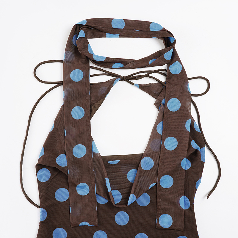 Polka Dot Print Swing Collar Small Sling Sexy Big Backless Scarf Lace up Vest Top for Women