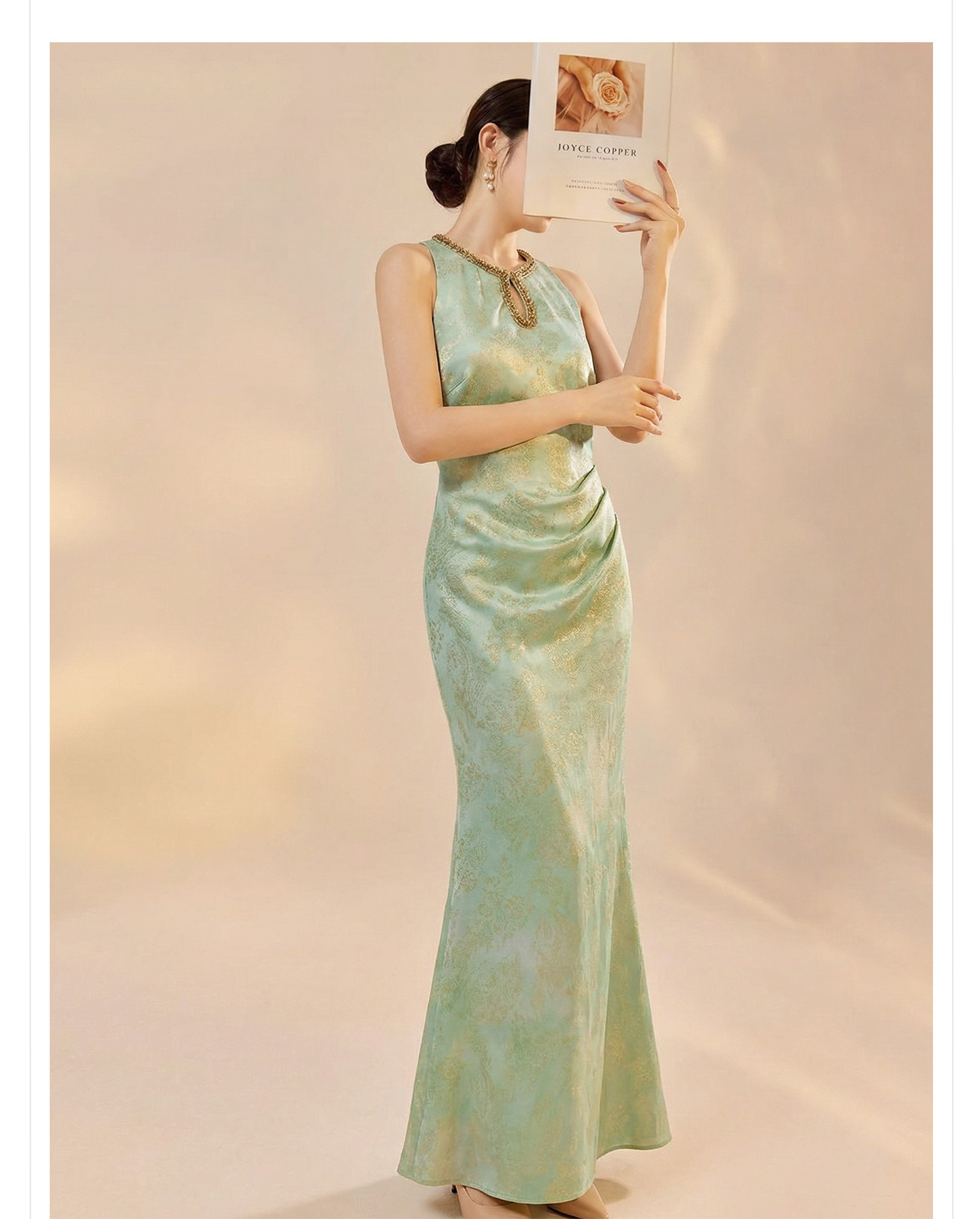 Váy sườn xám đính hôn thời trang nữ mùa hè mới nhất, váy dạ hội kiểu Trung Quốc mới — màu hồng, xanh lá cây chi tiết 21