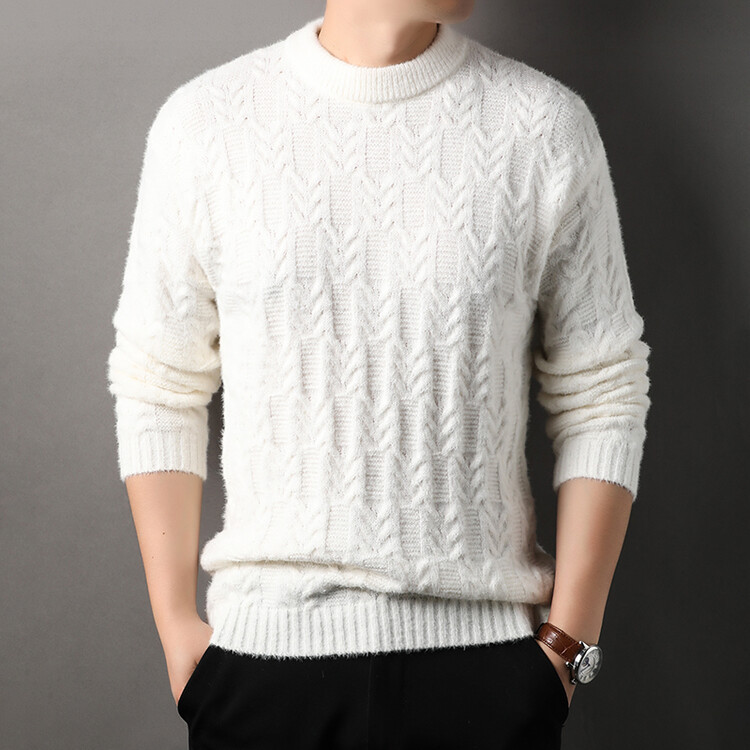 Nuevo invierno para hombres de cuello redondo suéter de punto de calentamiento grueso de color sólido simple suéter casual suelto