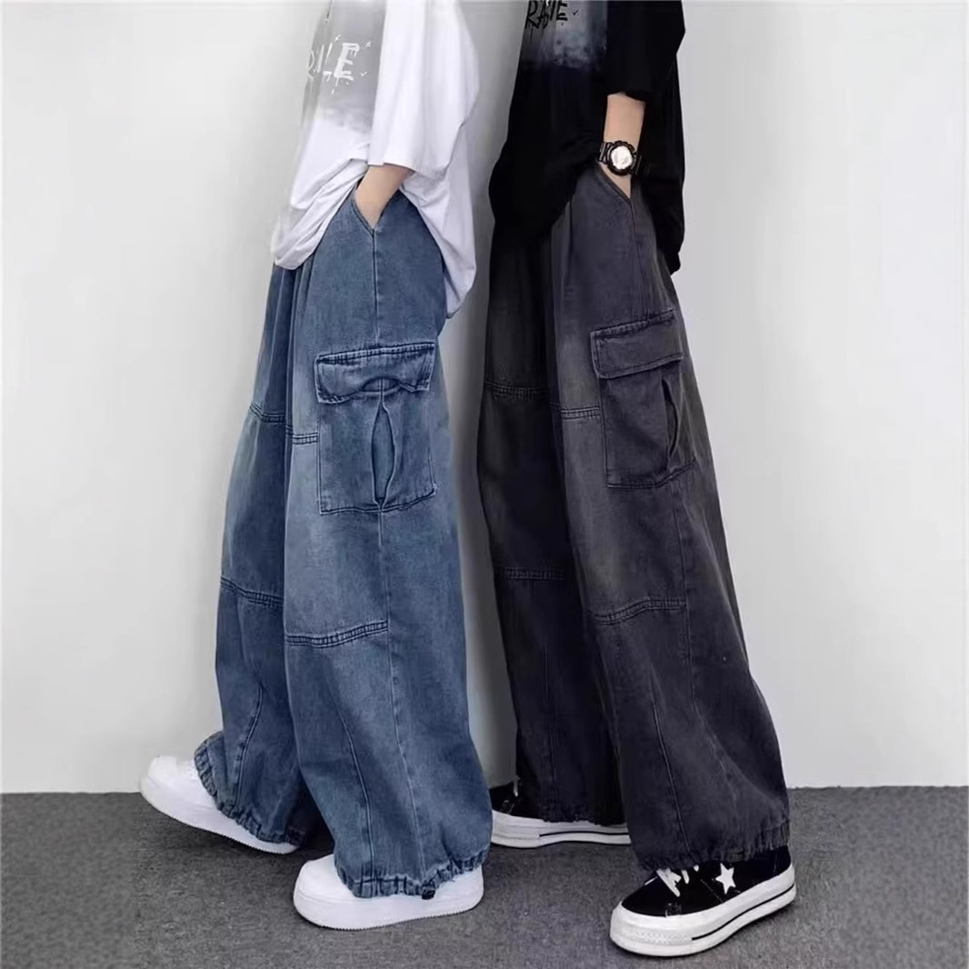 Lazy Vintage Tooling Wide-leg Jeans Men's Hong Kong Style Loose Oversize Big Pocket Retro Street Trousers_mkmklike.com
