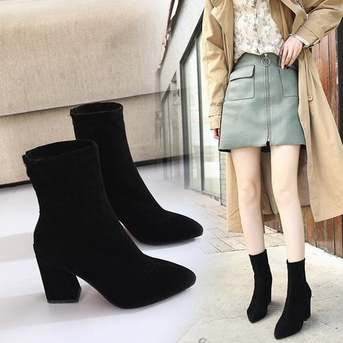 British style short boots for women winter thick heel mid-length pointed toe high heel thick heel slim boots  new fashion boots