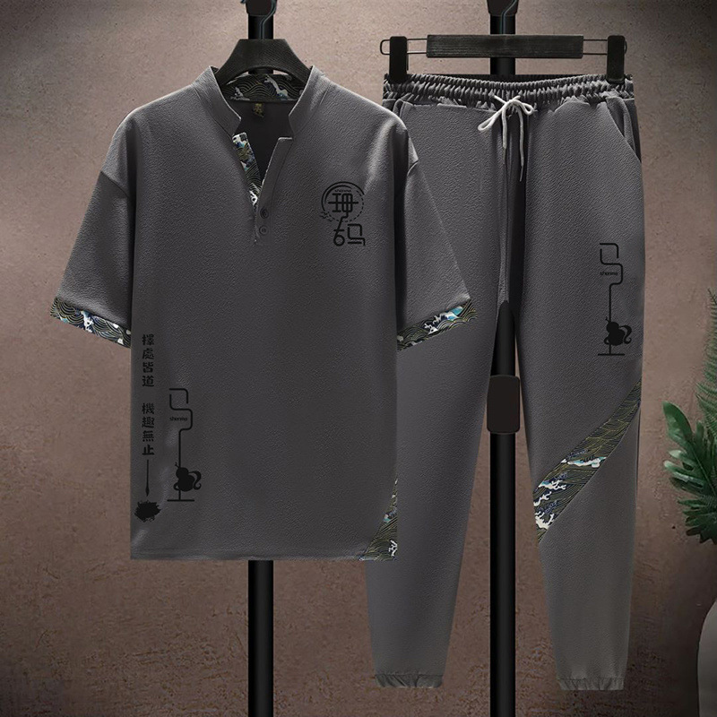 High-end Light Luxury plus size Vintage Ice Silk suit Men's Summer plus size Loose Chinese Style T-shirt Two-piece Sportswear