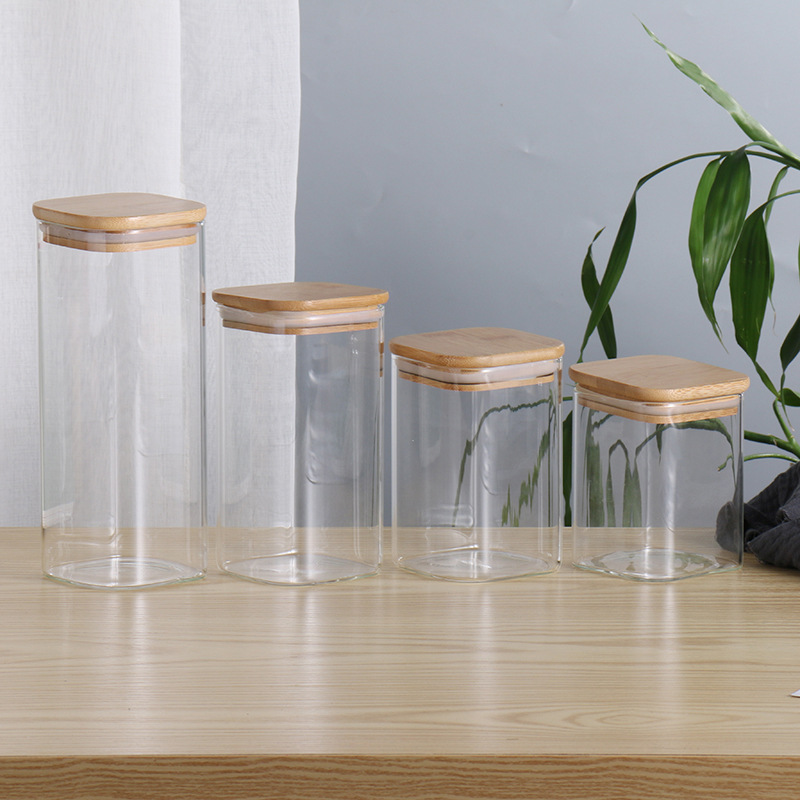 Fábrica personalizada nuevo tarro de té tarro de almacenamiento de vidrio transparente caramelo tarro de bocadillo tarro sellado cuadrado de borosilicato