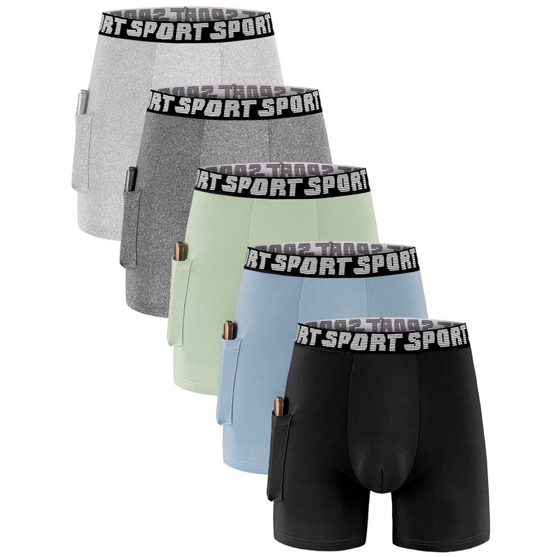 Amazon Cross-Border Foreign Trade Men's Boxer Briefs Running Sports Breathable Boxer Shorts Long Five-Point Pants Pocket