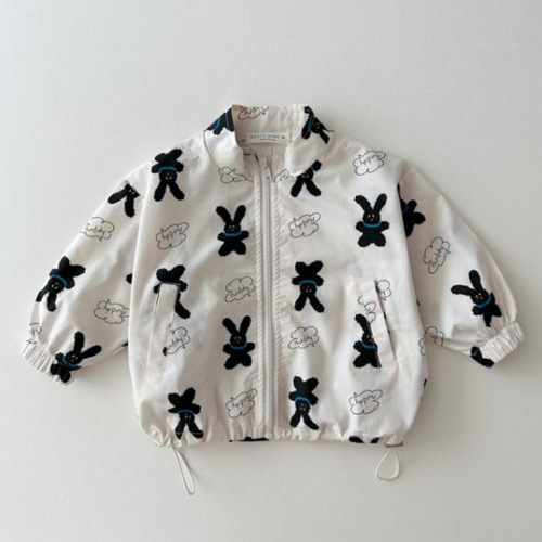 Korean Version Instagram Spring Versatile Fashion Print Collar Windproof Jacket Drawstring Jacket Cute Cartoon Zip-up Top