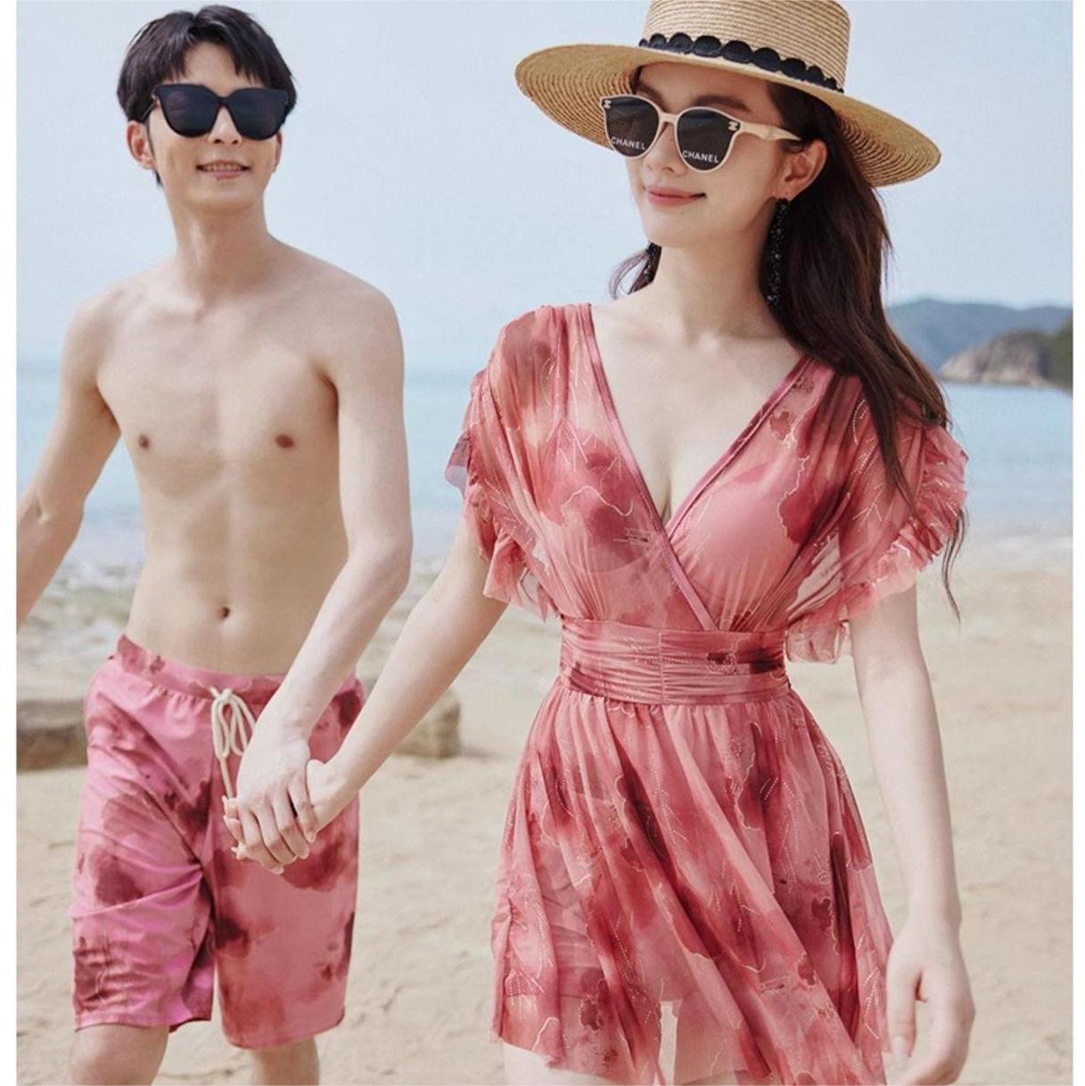 Factory Direct Sales One-Piece Women's Swimsuit Couple 2024 New Conservative Large Size Fat mm Swimsuit Men's Beach Pants