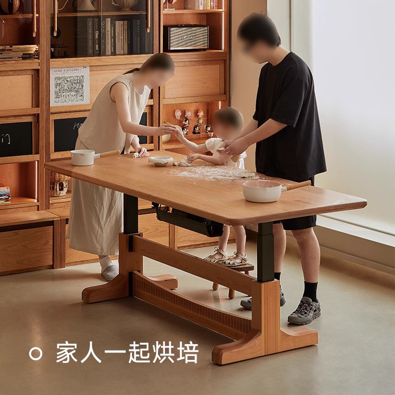 Mesa elevadora eléctrica, mesa de comedor de tablero grande, color de madera de cerezo, fuera de la sala de estar, escritorio largo, banco de trabajo de madera maciza, oficina doble