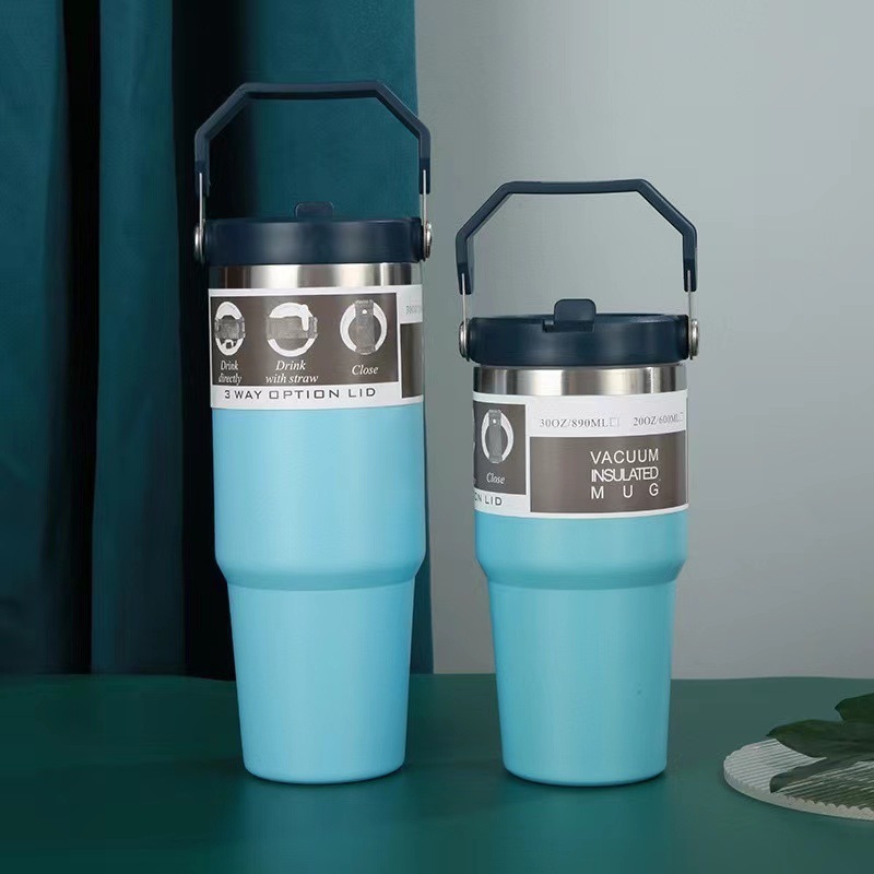 304 taza de acero inoxidable taza de automóvil de gran capacidad taza de aislamiento de calor aislamiento frío taza de hielo mango taza de paja de doble bebida
