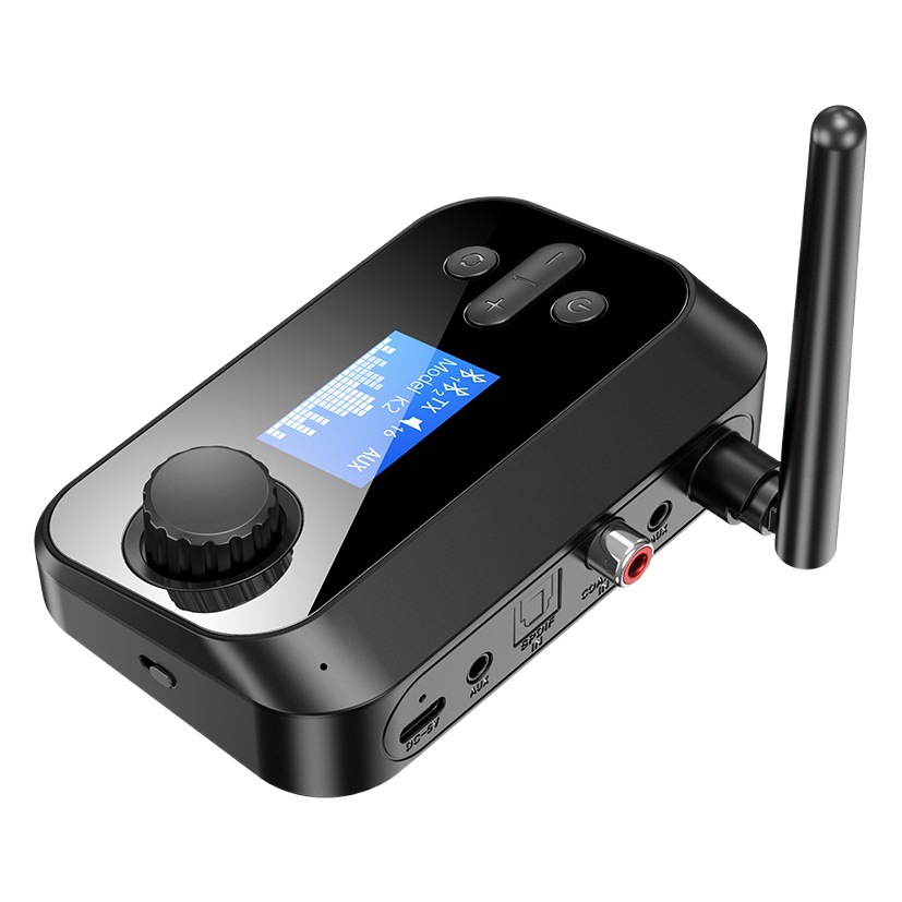Adaptador receptor y transmisor de audio Bluetooth 5,3 coaxial de fibra óptica con pantalla, reproductor MP3 con tarjeta TF, uno a dos