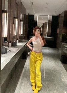 Correct Version 2025 New Product Miu Miu Crowjia Chh Cross Patchwork Leather Tb Jeans Straight Pants