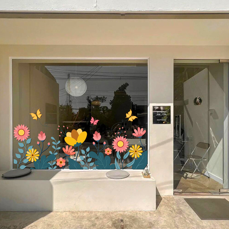 Ins Style Creative Flower Glass Sticker Clothing Milk Tea Shop Window Decoration Waistline Sliding Door Sticker Electrostatic Sticker