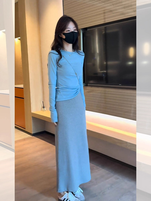 韩系蓝色针织长袖上衣女2025年早秋穿搭小个子修身显瘦内搭打底衫|undefined