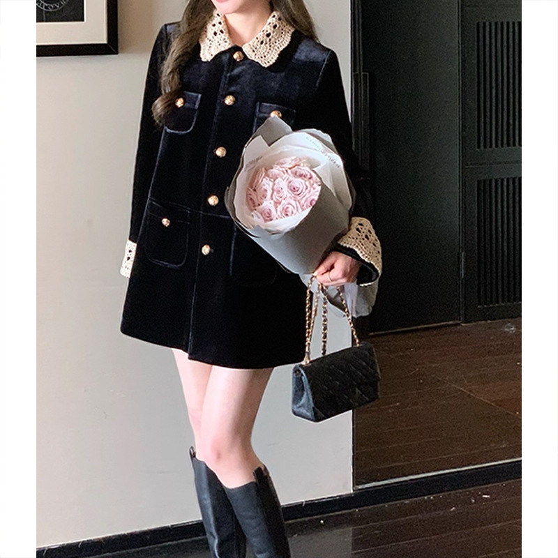 锦倩 MIU系复古翻领中长款麂皮/丝绒外套工装风衣女 美拉德穿搭潮|undefined