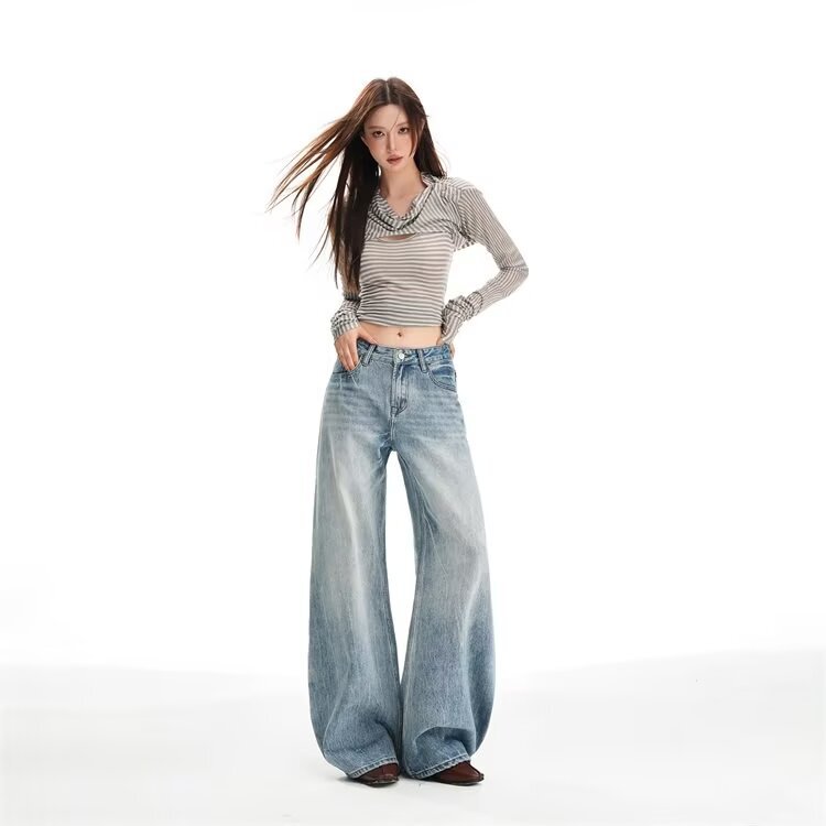American Retro Straight-Leg Jeans for Women 2025 Spring Loose Embroidered Drape Casual Wide-Leg Floor-Length Pants American Retro Straight-Leg Jeans for Women 2025 Spring Loose Embroidered Drape Casual Wide-Leg Floor-Length Pants