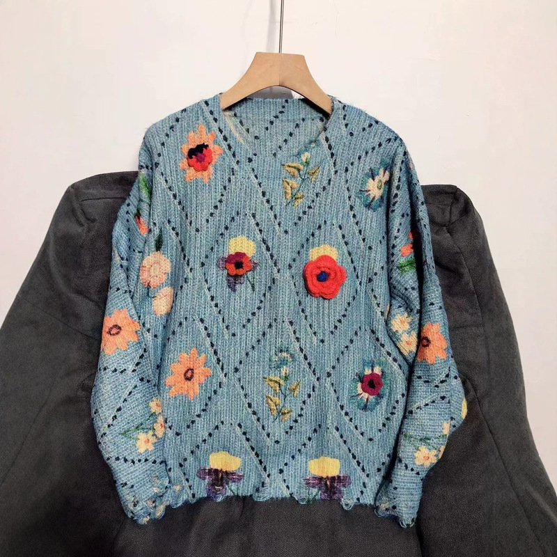 Ocean Flower Soft and Textured 3D Crochet Flower Knit Pullover Printed Sweater for Women, Loose and Casual Style Knit Top Ocean Flower Soft and Textured 3D Crochet Flower Knit Pullover Printed Sweater for Women, Loose and Casual Style Knit Top